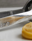 Close-up of Faire's Aluminum Hand Juicer with "Verve" engraved on the handle. A halved lemon, slightly crushed, sits on a white surface in the foreground. Ideal for extracting fresh lemon and lime juice, it's proudly made in Mexico. The background is softly blurred.