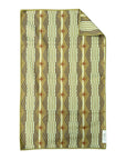 The Faire Double Sided Hand Towel features a high-absorbent waffle weave microfiber with geometric patterns in beige, brown, and olive green. Vertical stripes and starbursts add style, while a folded corner shows the reverse. Eco-friendly design.