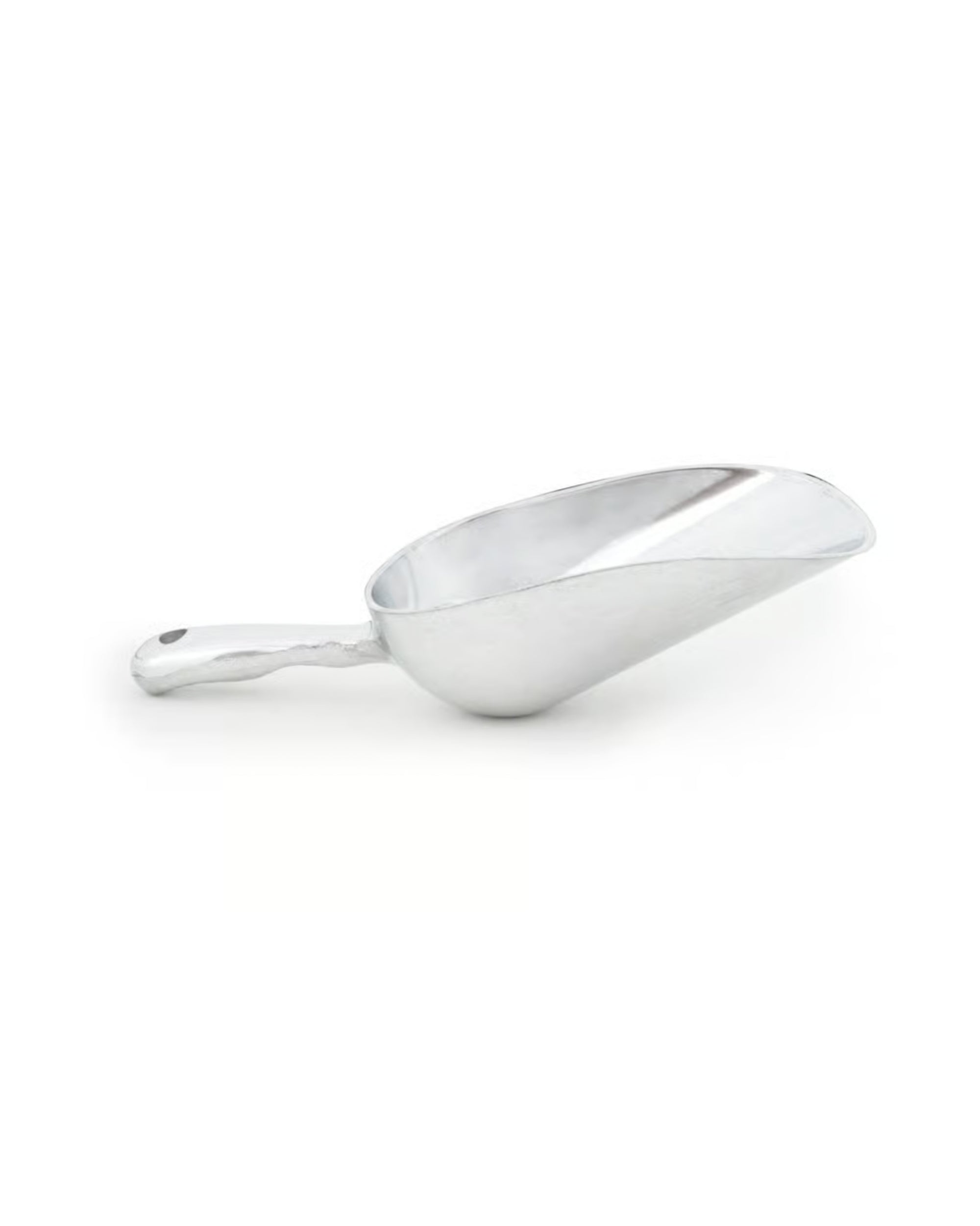 The Fox Run Brands Ice Scoop features a metal aluminum build with a flat handle and deep, oval-shaped bowl, ideal for scooping dry goods like flour, sugar, or ice. The mini scoop is shown on a white background.