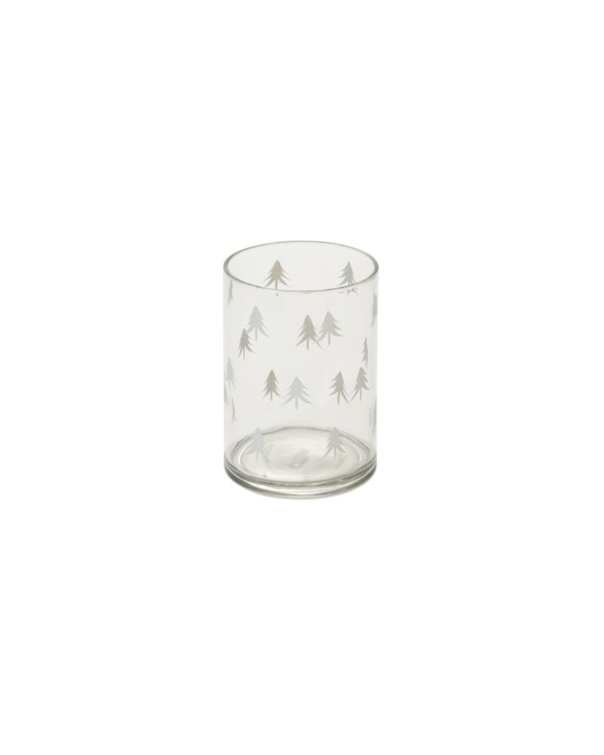 The Accent Decor Tiny Tree Votive 5x7 is a clear glass tumbler featuring a repeating white pine tree pattern—ideal as a Christmas candle holder or to enhance your Tiny Tree Votive collection.
