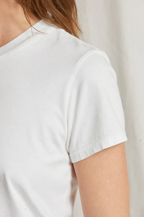 A close-up of a person wearing the Perfectwhitetee Springsteen Baby Tee, a plain white short-sleeve shirt, highlighting the shoulder, sleeve, and part of the neck against a light background.
