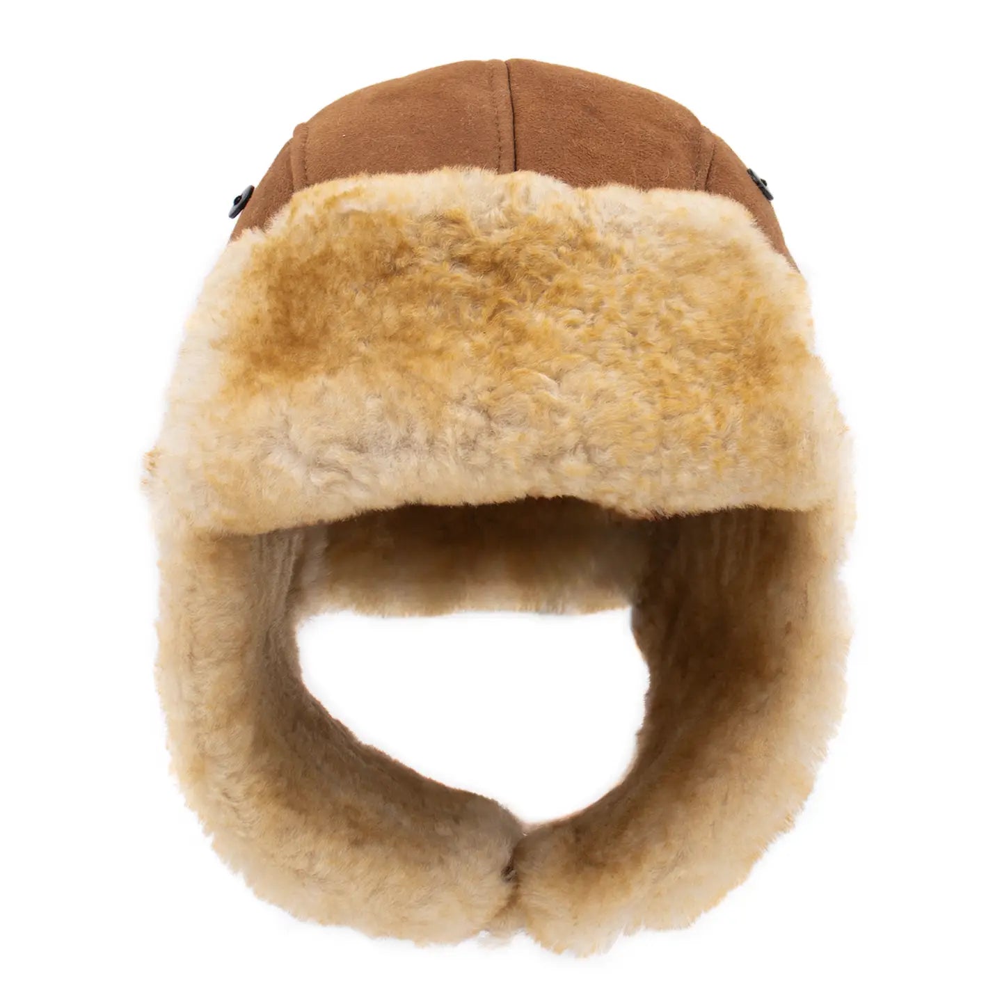The Faire Shearling Trooper Hat is crafted from real leather with plush tan shearling lining, ear flaps, and a rounded crown, shown from the front against a white background.