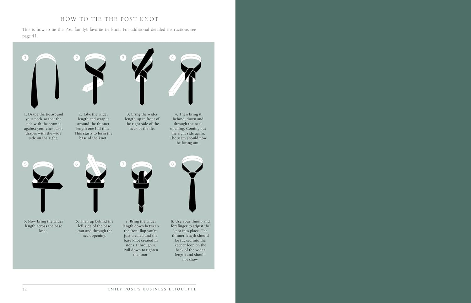 Step-by-step illustrated guide from Random House’s "Emily Post's Business" shows how to tie a necktie using the Post knot, featuring numbered instructions and diagrams—ideal for mastering business etiquette.
