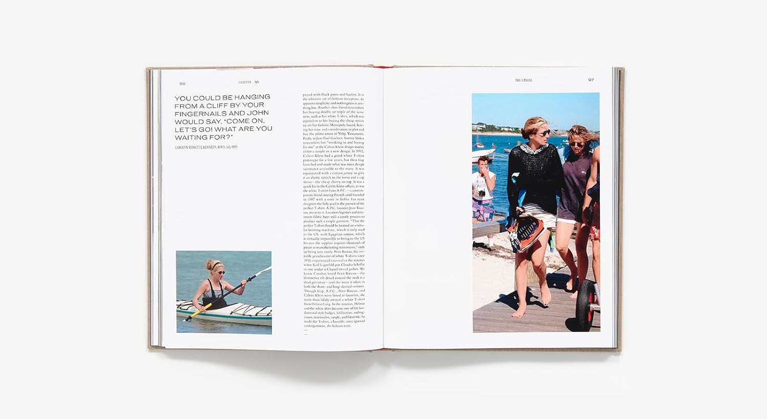 An open copy of CBK: Carolyn Bessette by Hachette Book Group shows a quote and photos of women by the water in casual, timeless beachwear inspired by fashion icon Carolyn Bessette Kennedy.