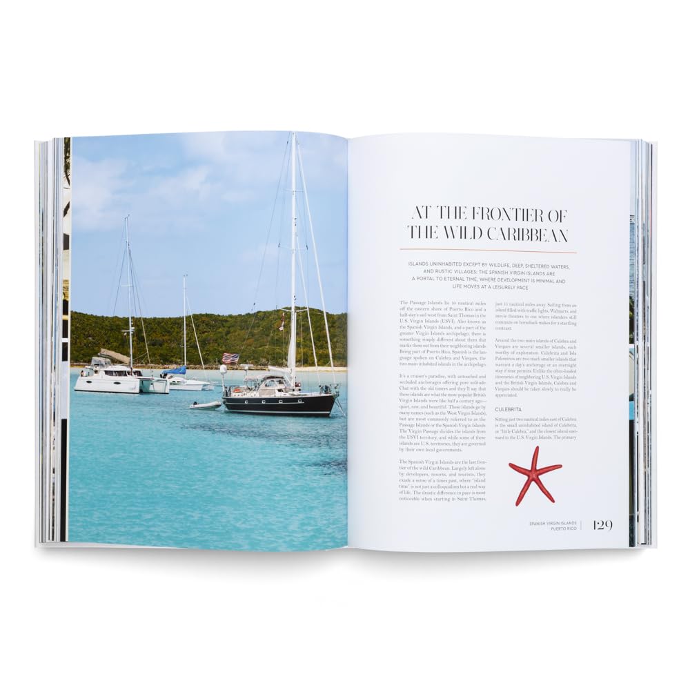 An open issue of Sailing The Seas V2 by Ingram Book Company shows sailboats in turquoise waters with green hills beyond, evoking top sailing destinations. The opposite page has text and a red starfish illustration.