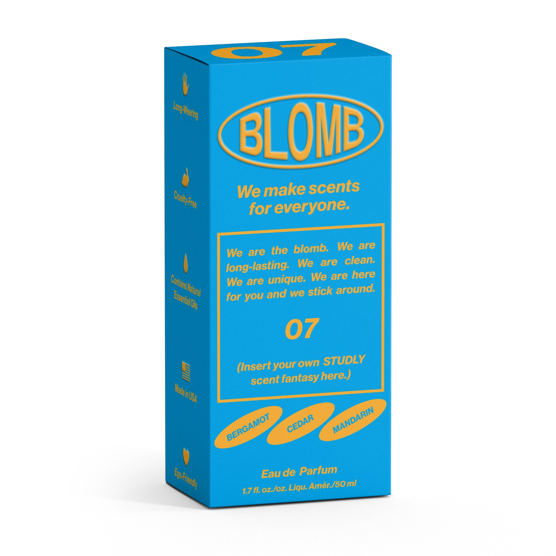 A blue and orange Blomb Eau de Parfum box by Faire says, "We make scents for everyone," featuring notes of bergamot, cedar, mandarin, and skin musk. The number 07 highlights this fresh, inclusive fragrance.