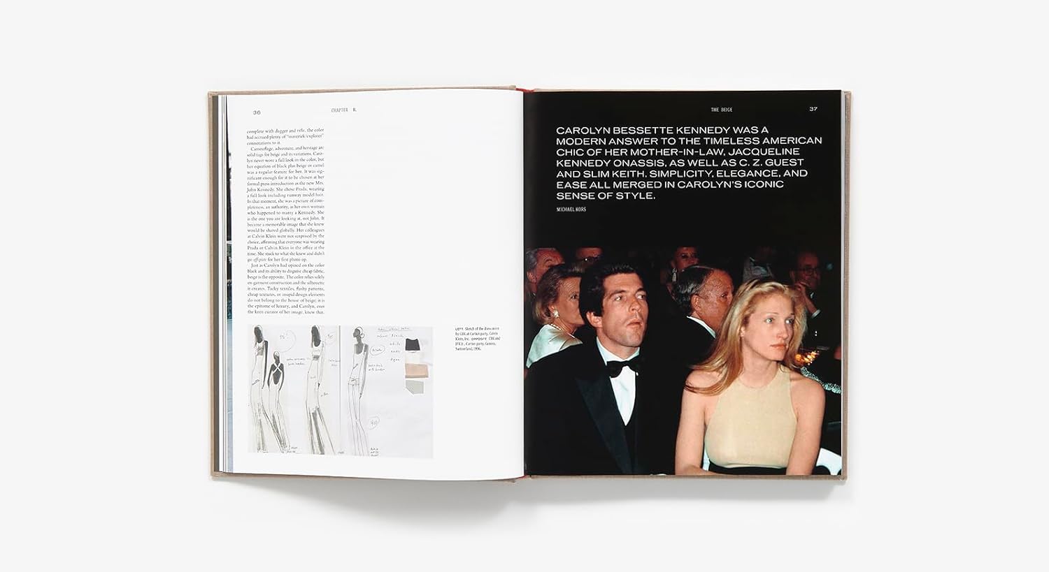 An open book, "CBK: Carolyn Bessette" by Hachette Book Group, shows a fashion sketch and a photo of a couple in formal wear at an event, with text highlighting Carolyn Bessette Kennedy's enduring style as a fashion icon.