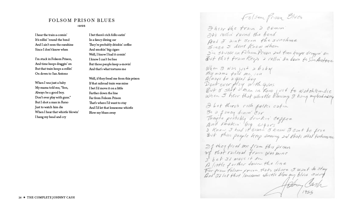 A two-page spread in The Complete Johnny Cash by Hachette Book Group shows printed "Folsom Prison Blues" lyrics on the left and a signed, edited 1955 handwritten draft from the Johnny Cash archive on the right.