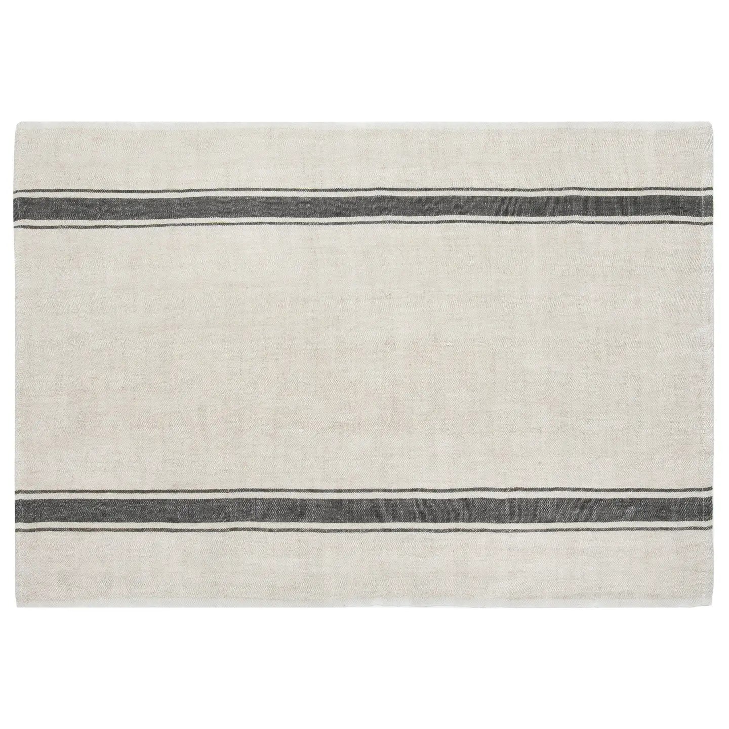 The CH Tea Towels S/2 by Faire are rectangular, beige linens inspired by French country style, featuring two parallel dark gray stripes running horizontally near the top and bottom edges.