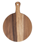 The Creative Co-op Wood Cutting Board is a round, eco-friendly suar wood piece featuring a handle and a hanging hole. It beautifully displays a blend of light and dark brown wood grain tones.