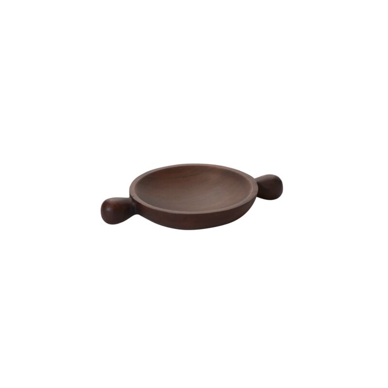 The Accent Decor Brownwood Tray /Small is a round, shallow mango wood tray with two short, rounded handles—ideal for coffee table decor.
