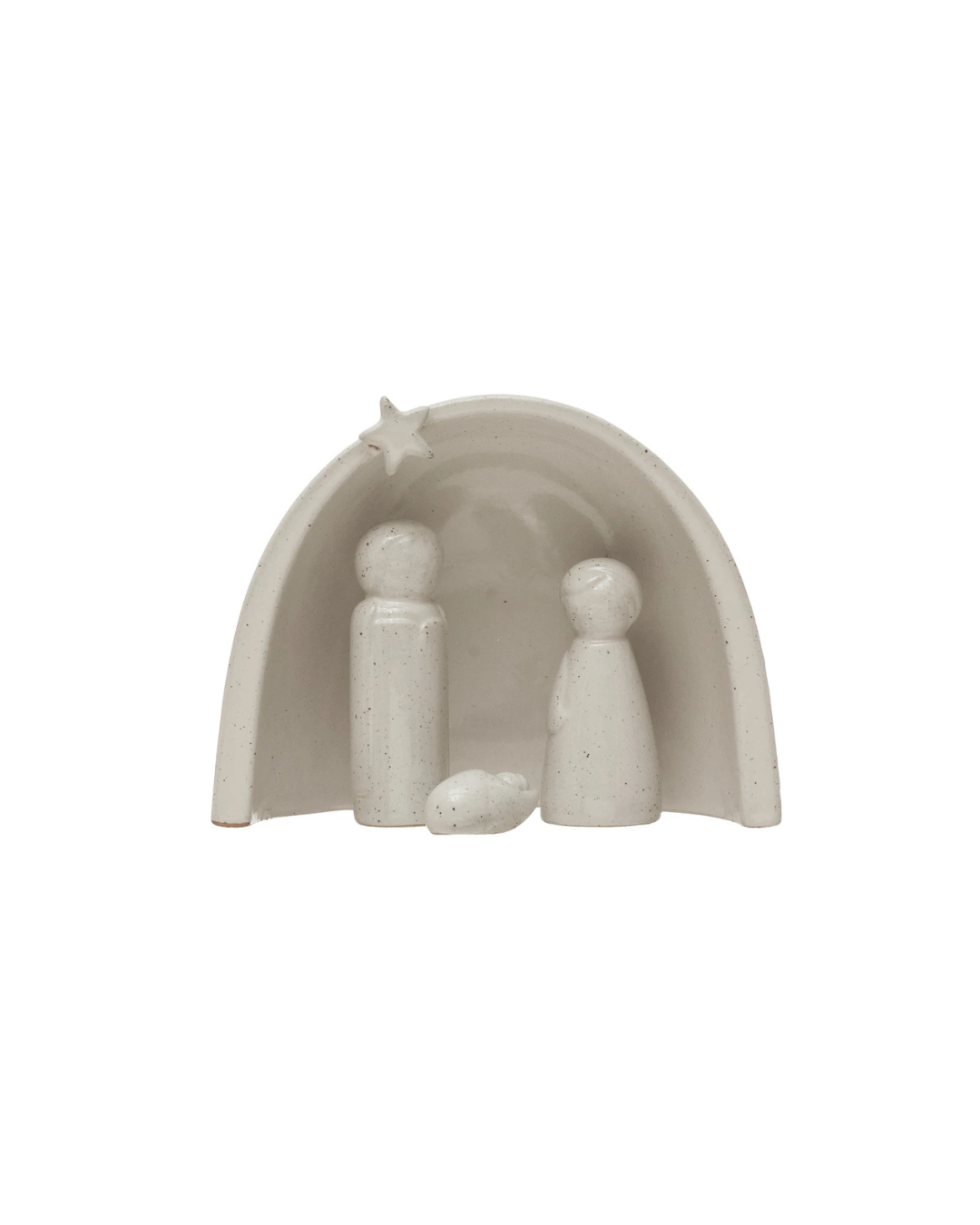 The Nativity S/4 by Creative Co-op showcases a minimalist stoneware nativity scene with three figures under a curved arch topped with a star. The scene features two standing people and an infant, all crafted in a simple, stylized design. Finished in a white reactive glaze, this piece beautifully captures the essence of the Holiday Season.