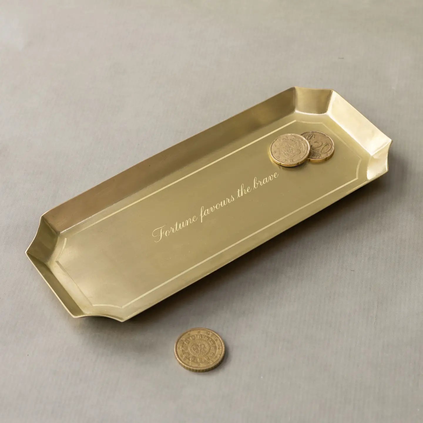 Brass tray with engraved Fortune Favours the Brave, perfect for coins; Bungalow Furniture &amp; Accessories.
