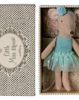 Maileg Little Sis Dance Mouse in blue dress and headband with patterned daybed, presented in Maileg gift box.