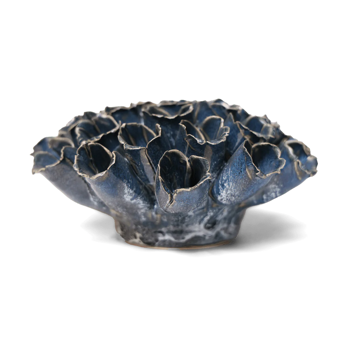 The Sea Polyp Large Blue Grey by Chive Ceramics (thru Faire) is a handmade ceramic sculpture resembling blue-grey trumpet coral with textured edges and a glossy finish, perfect as a striking floral-inspired wall hanging against a white background.