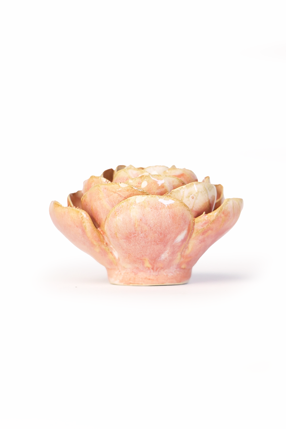 The Peach Pink Peony by Chive Ceramics (thru Faire) is a ceramic bowl with pink and yellow floral design, ideal as decorative tabletop art or wall decor, photographed on a plain white background.