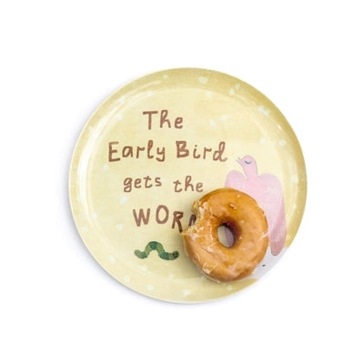 The Breakfast Club Plate Set by Sugarboo Designs features a yellow plate with "The Early Bird gets the Worm," a bird and worm illustration, and a glazed donut with a bite missing—a true Breakfast Of Champions.