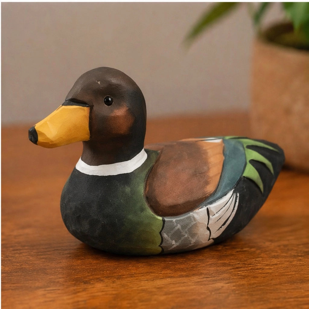 Brown hand-painted carved basswood duck by The Faire brings rustic charm to a table, plant softly blurred behind.
