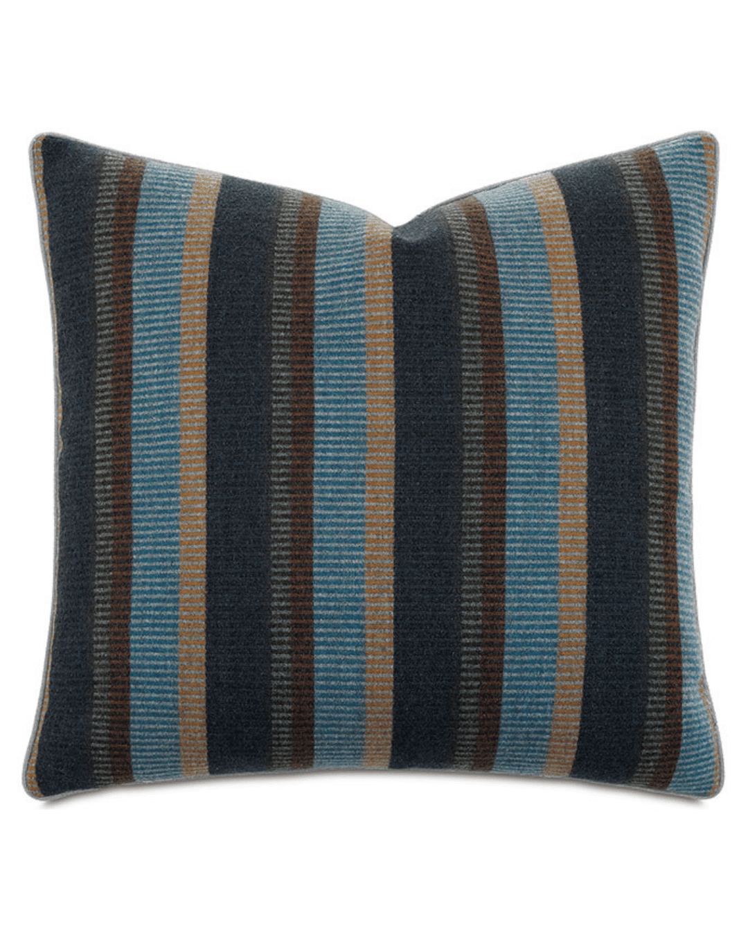 A STRIPED EURO SHAM 27x27 with alternating vertical stripes of blue, brown, tan, and gray. The fabric appears to be textured, giving the sham a cozy look. The edges are neatly finished, and the overall design is symmetrical and balanced—a perfect complement to any Modesta Fog-themed decor from Eastern Accents.