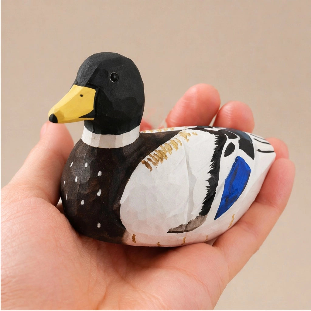 Faire black hand-painted carved basswood duck figurine held in hand, rustic accent from Bungalow Furniture &amp; Accessories.