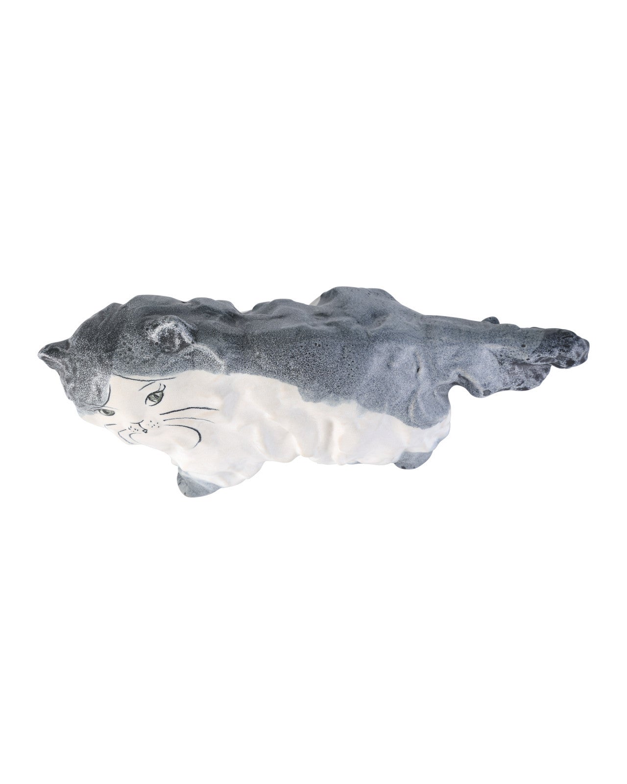 A whimsical, slightly abstract Siamese Cat figurine by Currey & Company, Inc.—hand-painted in blue and white porcelain style with gray on the back and head, white on the face and belly, and a fluffy cat lying down.