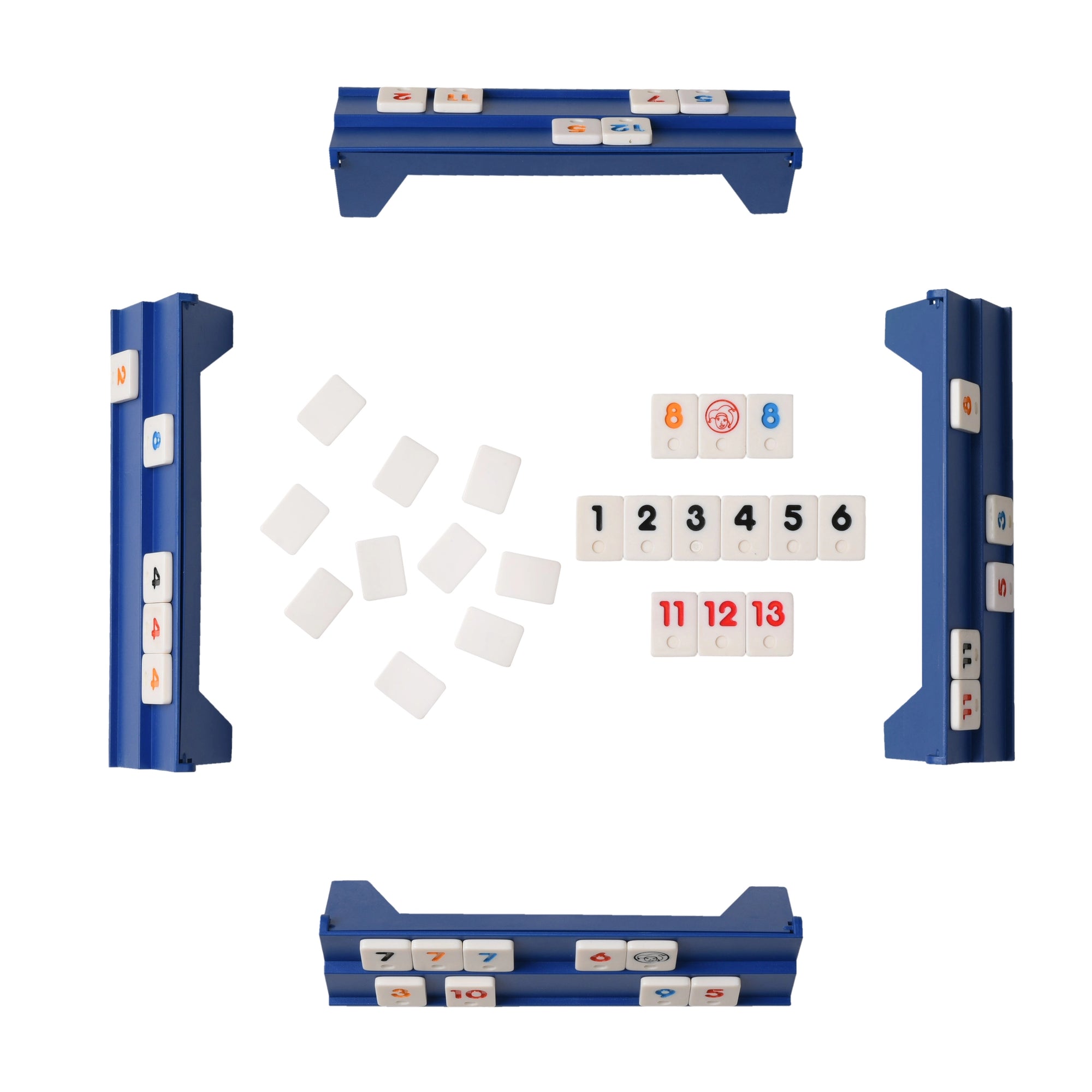 Four blue tile racks from Faire's Travel Rummy form a square, each with numbered tiles. This classic game lets you build sets in the center, making it a fun brain booster and great for family entertainment.