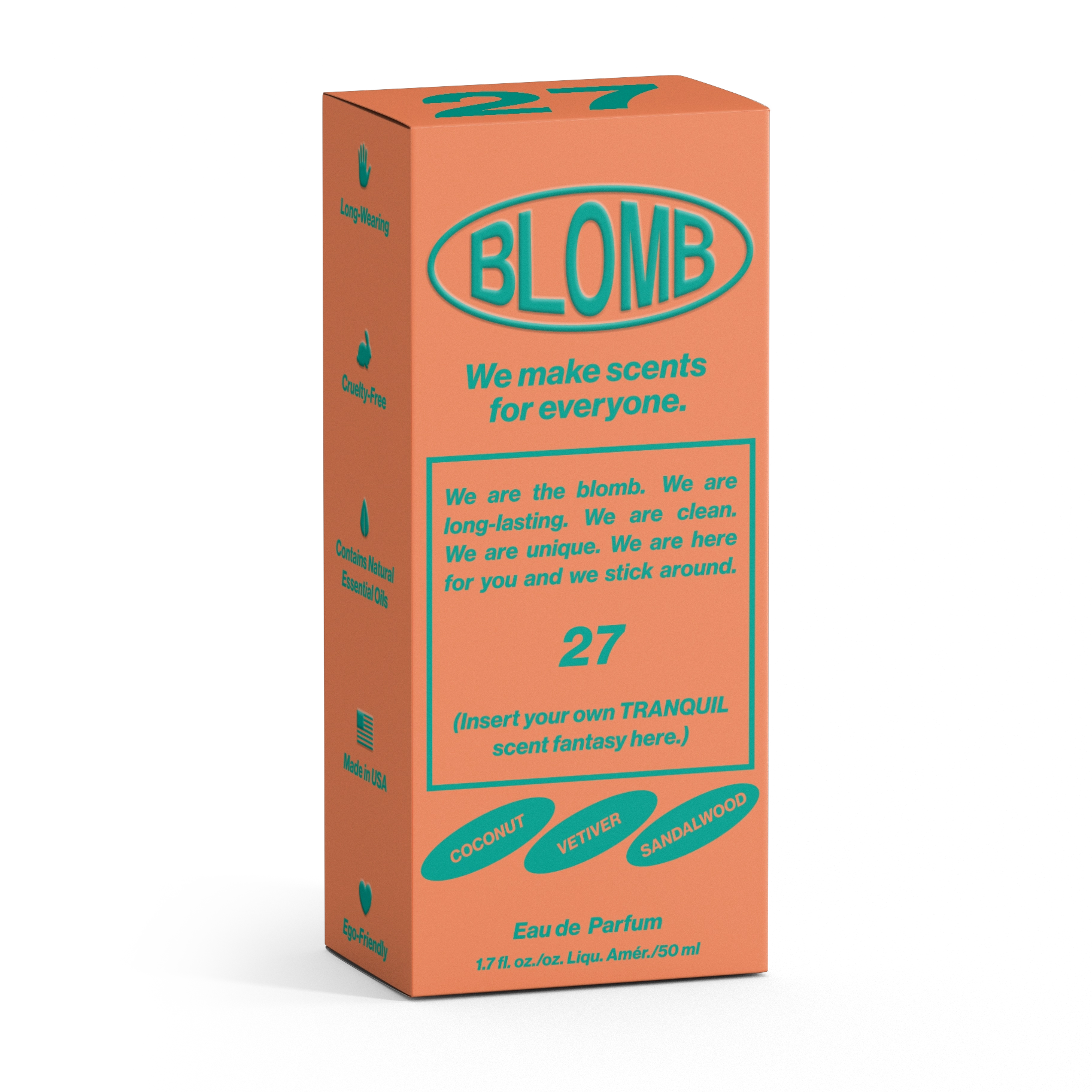 A rectangular orange box labeled &quot;Blomb Eau de Parfum&quot; by Faire features turquoise text, notes of coconut, vetiver, sandalwood, the tagline &quot;We make scents for everyone,&quot; and a customizable scent statement.