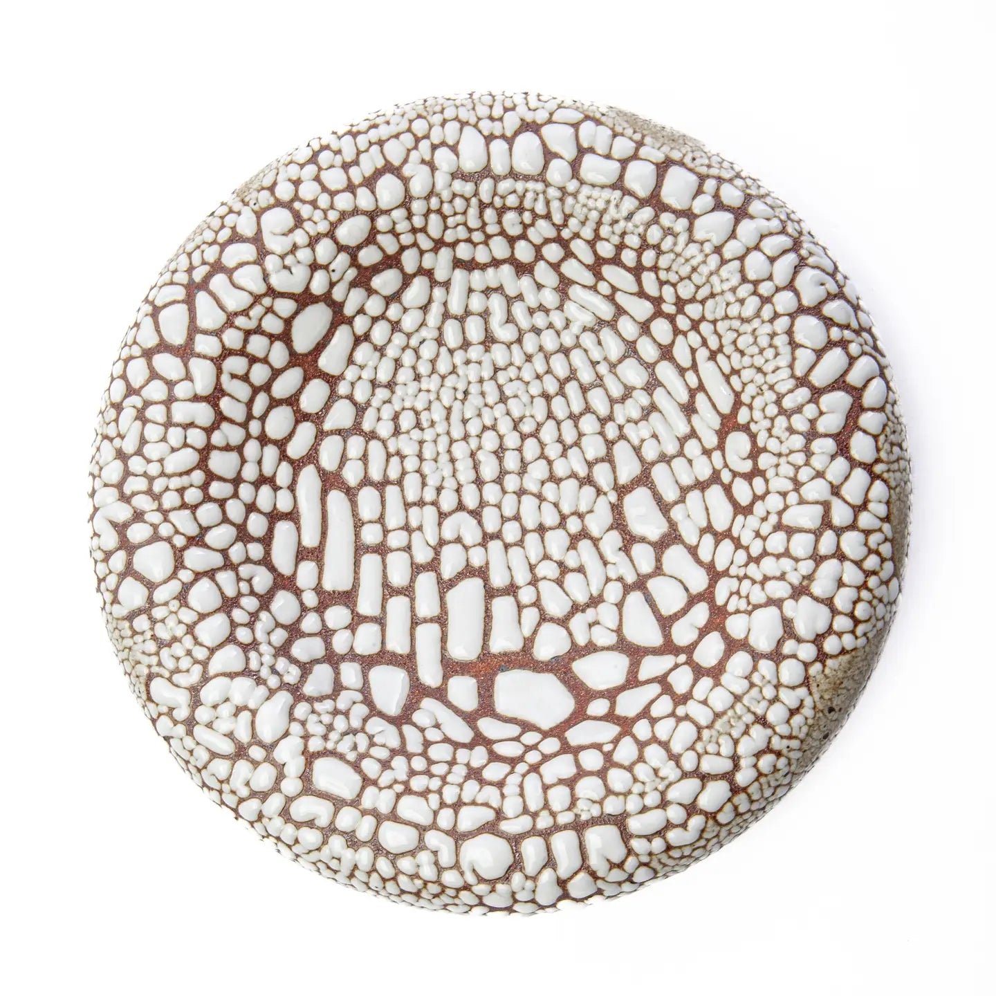 The Faire Torus Bowl is a round ceramic catch-all with a textured, uneven white glaze that resembles cracked earth or mosaic over a brown base, shown from above on a white surface.