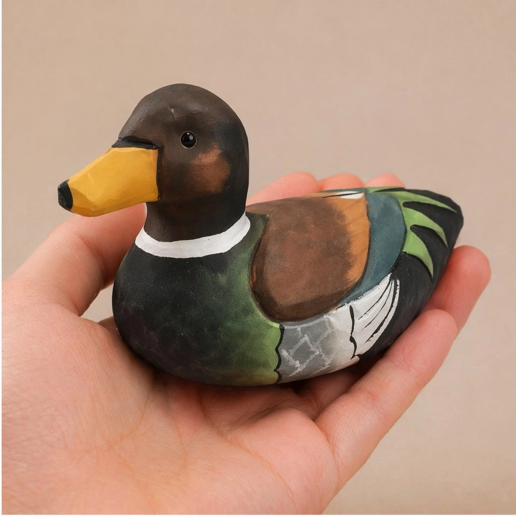 Faire Hand-Painted Carved Basswood Duck in brown held in hand, rustic decor accent from Bungalow Furniture &amp; Accessories.