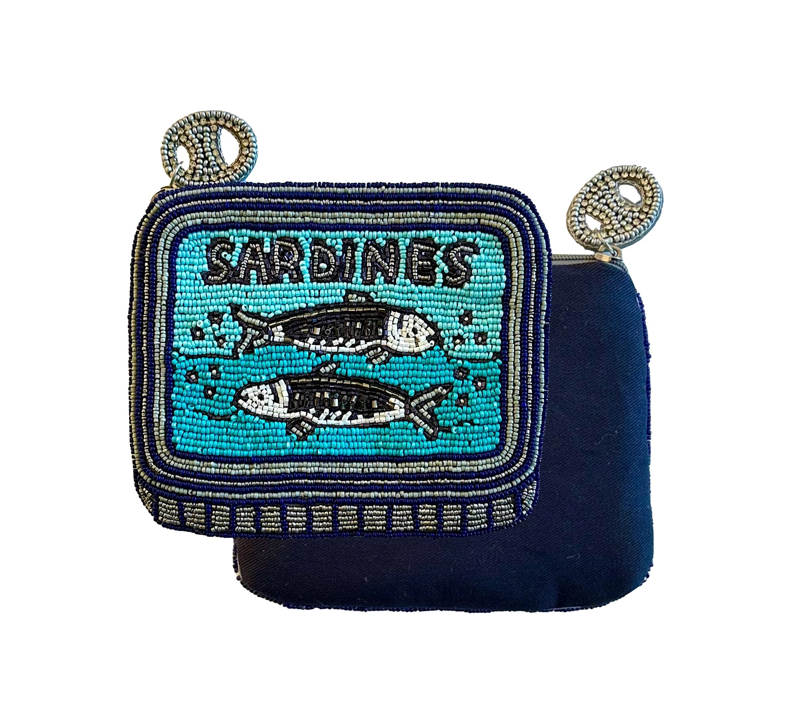 The Faire Beaded Sardine Tin Coin Purse features two fish and “SARDINES” on a blue beaded front, decorative loops along the top, and a plain dark blue back, evoking the look of a sardine can label.