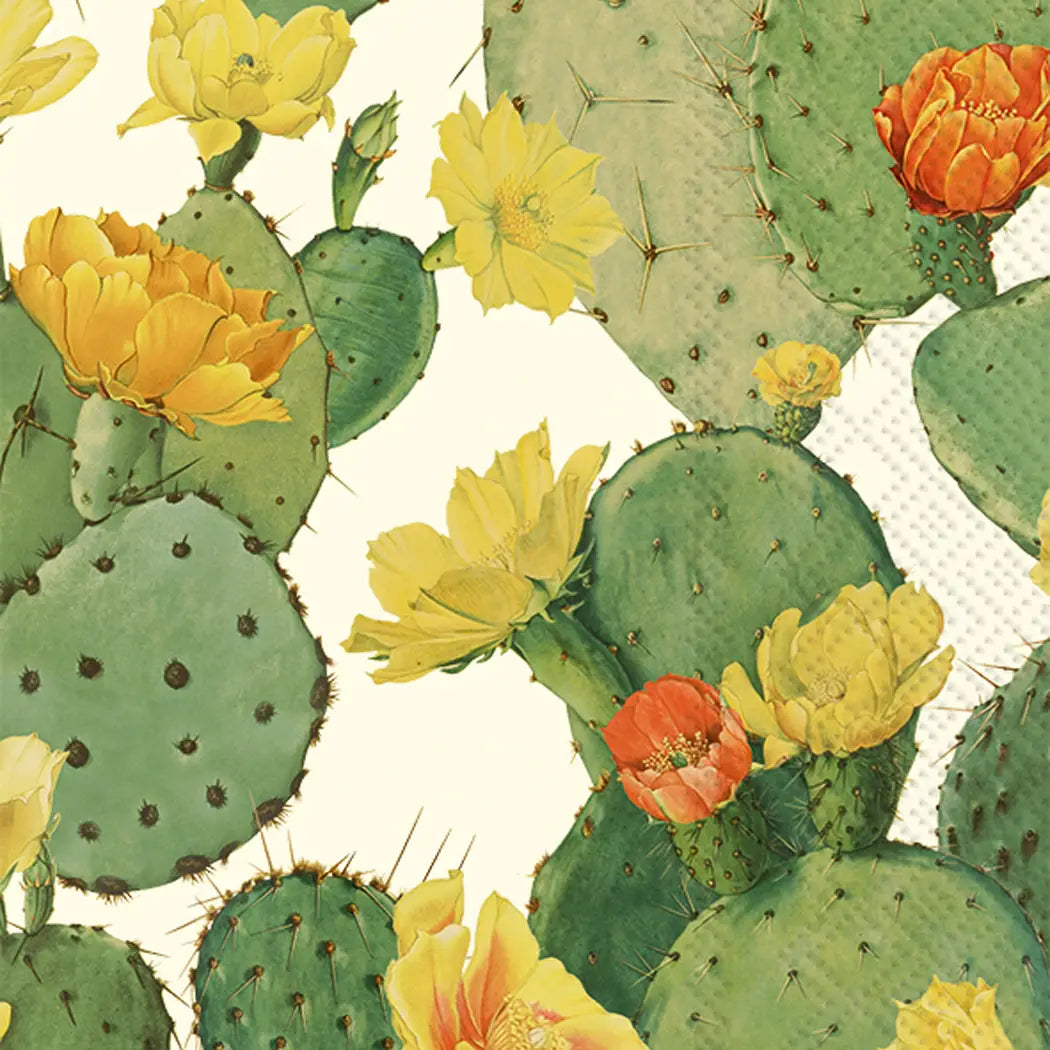 Illustration of green prickly pear cacti with yellow and orange flowers on a light beige background. Perfect decorative touch for botanical-themed parties with Faire Boston Cocktail Napkins.