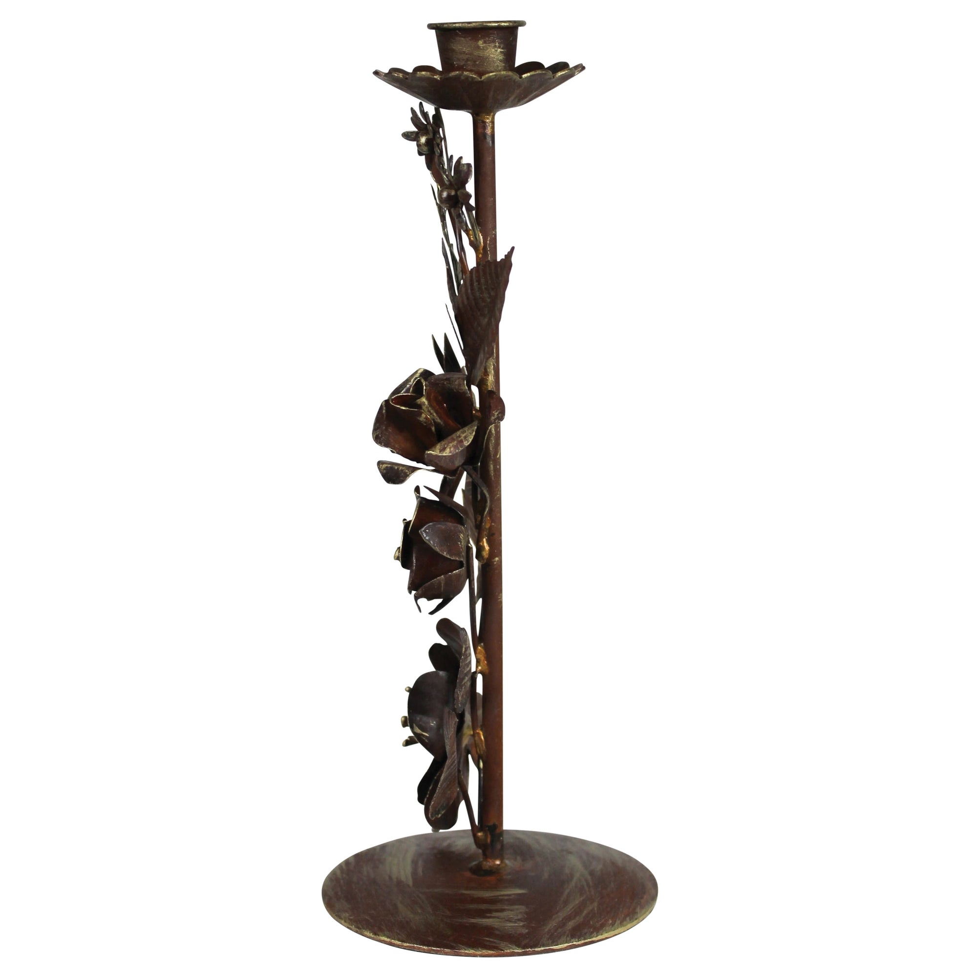 The HomArt Floral Taper Holder is a tall, bronze metal candleholder with handcrafted floral details on the stem and a round base—perfect for adding old world charm to any space.