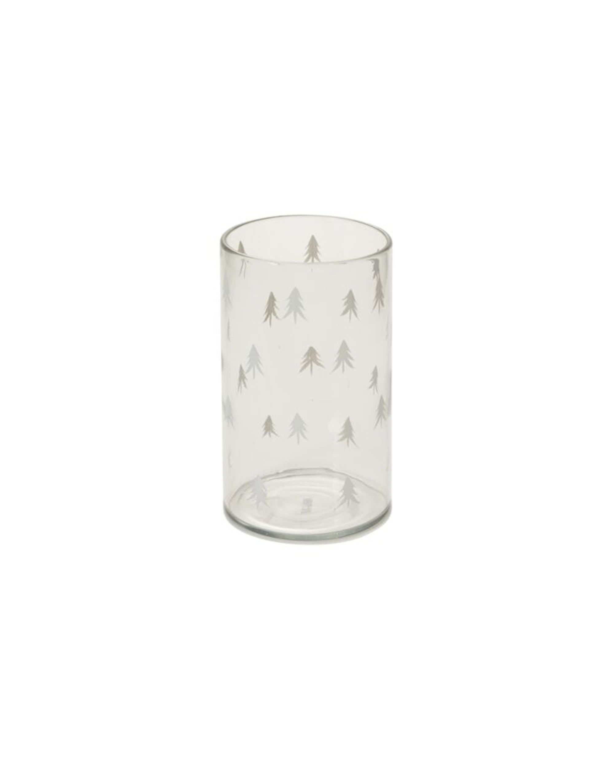 Accent Decor’s Tiny Tree Votive is a clear glass tumbler with a repeated frosted pine tree pattern, ideal for holiday decor. The votive is empty and photographed on a plain white background.