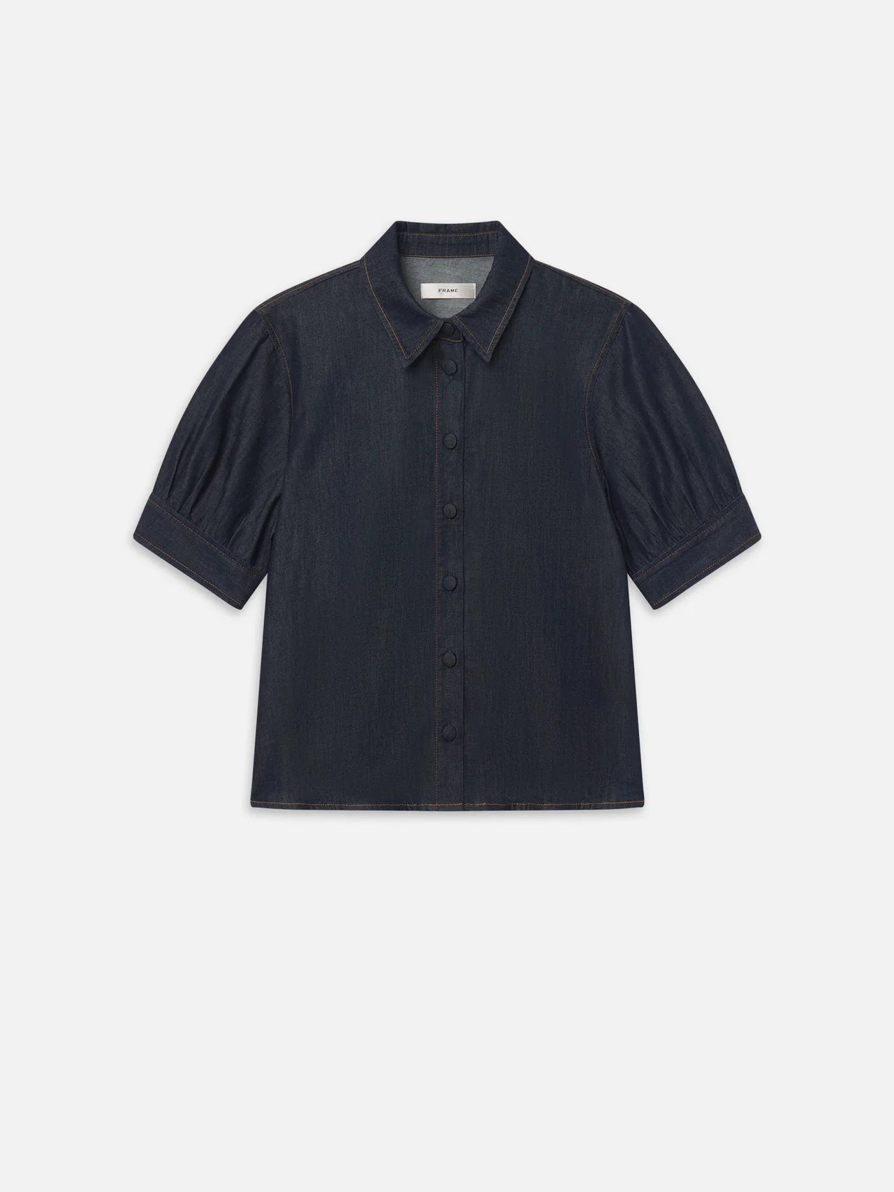 Short-sleeve lightweight denim shirt with structured sleeves and pointed collar by FRAME, blue, womens top.
