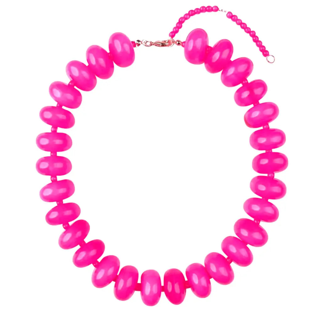 The Faire Bailey Chunky Beaded Necklace showcases large, glossy marbled pink beads in a circular design, finished with an adjustable gold-tone clasp and a beaded chain.