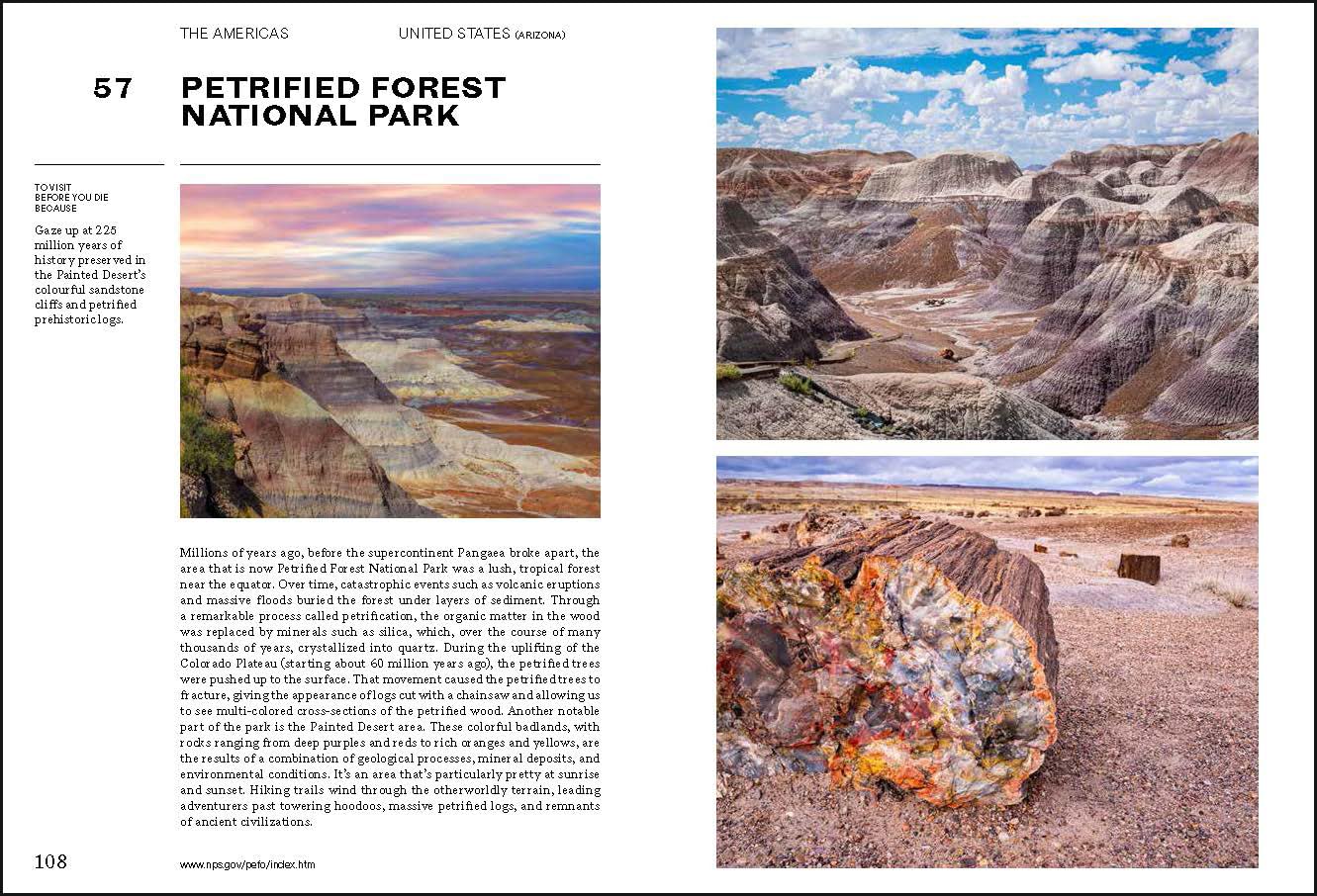 A spread from "150 National Parks You Need" by Simon & Schuster Inc. showcases Petrified Forest National Park with images of colorful badlands, striped hills, and a fossilized log, highlighting the park’s unique geology and history.