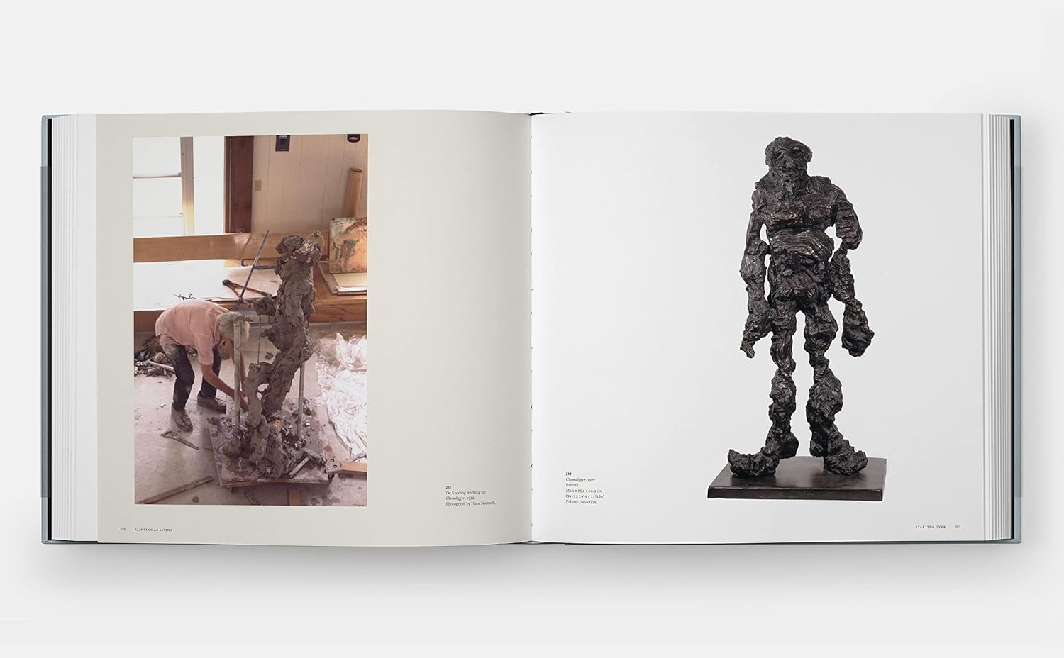 An open copy of "Way of Living: Art of Willem de Kooning" by Hachette Book Group displays one page with an artist sculpting in a studio, and the other with a finished abstract humanoid sculpture reflecting Abstract Expressionism.