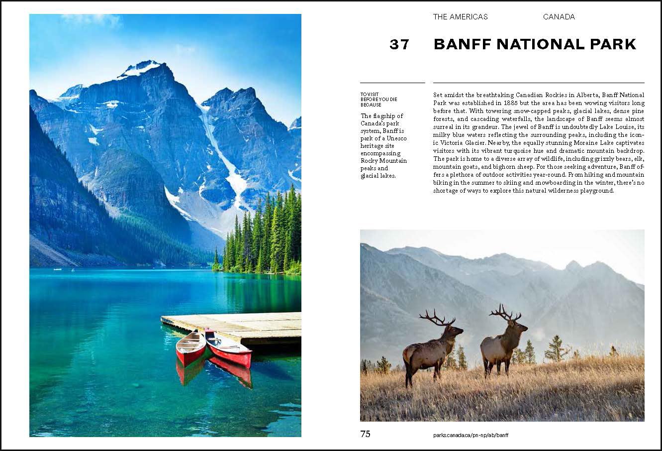 A vivid image from "150 National Parks You Need" by Simon & Schuster Inc. shows turquoise Moraine Lake, red canoes at a wooden dock, pine trees, snowy peaks, and two elk in a grassy field with mountains behind.