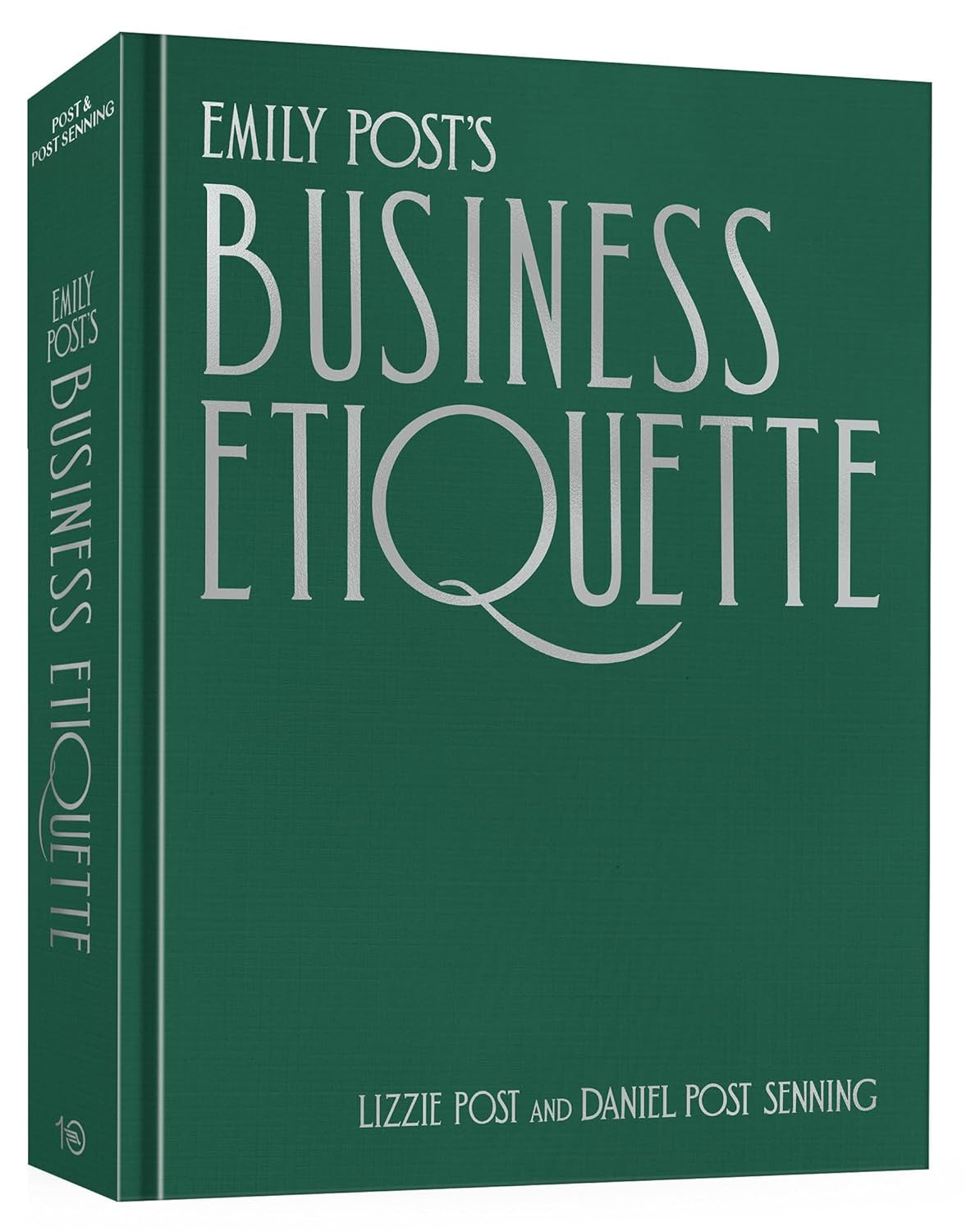 A green hardcover book, "Emily Post's Business" by Random House, features large silver lettering and offers key advice for career success and professional relationship building.