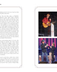 The left page features black text on white, while the right displays two photos of a man in a cowboy hat performing at the Grand Ole Opry, from "100 Years of Grand Ole" by Hachette Book Group, with captions under each image.