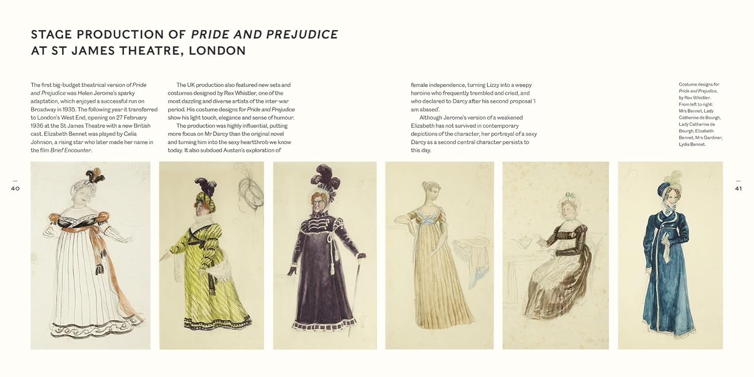 Six costume sketches from "A Jane Austen Year" by Random House, each showing Regency-era women's dresses in diverse styles, fabrics, and accessories. All are set on a cream background with descriptive text above.