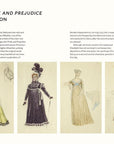 Six costume sketches from "A Jane Austen Year" by Random House, each showing Regency-era women's dresses in diverse styles, fabrics, and accessories. All are set on a cream background with descriptive text above.