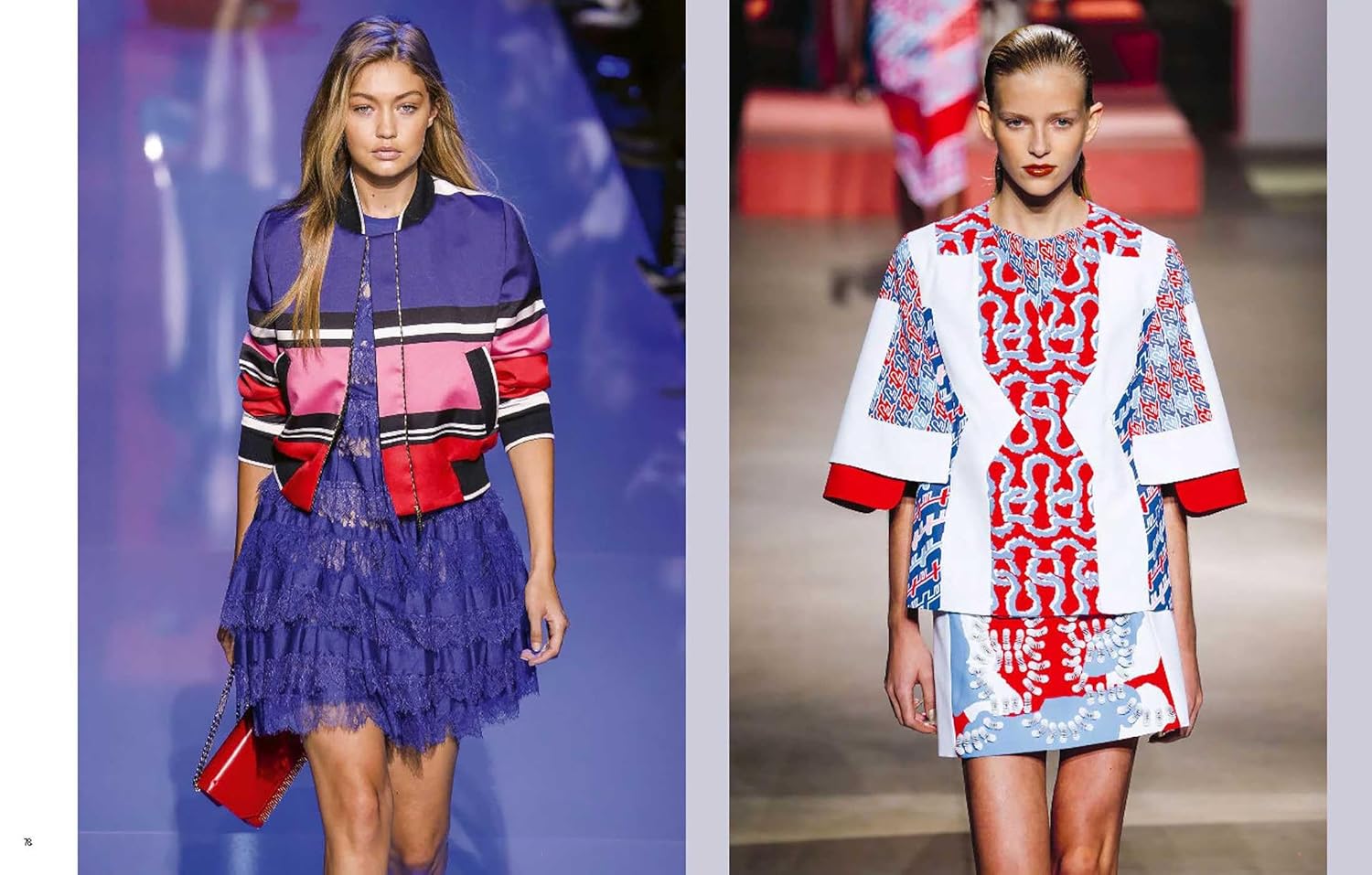 Two models showcase Paris In Fashion by Simon & Schuster Inc.: one wears a blue and red striped jacket with a ruffled dress and red clutch, the other dons a white, red, and blue patterned haute couture look with wide sleeves and short skirt.