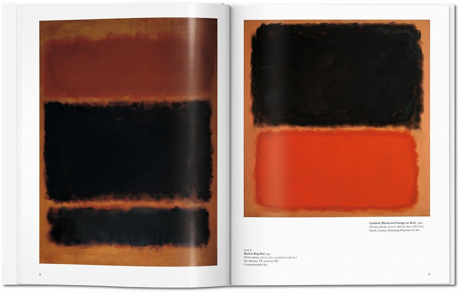 A spread from Rothko Basic Art Edition by Ingram Book Company displays two Abstract Expressionist paintings with bold, blurred-edged rectangles in black, red, and orange on earthy backgrounds. Minimalist captions appear beneath each image.