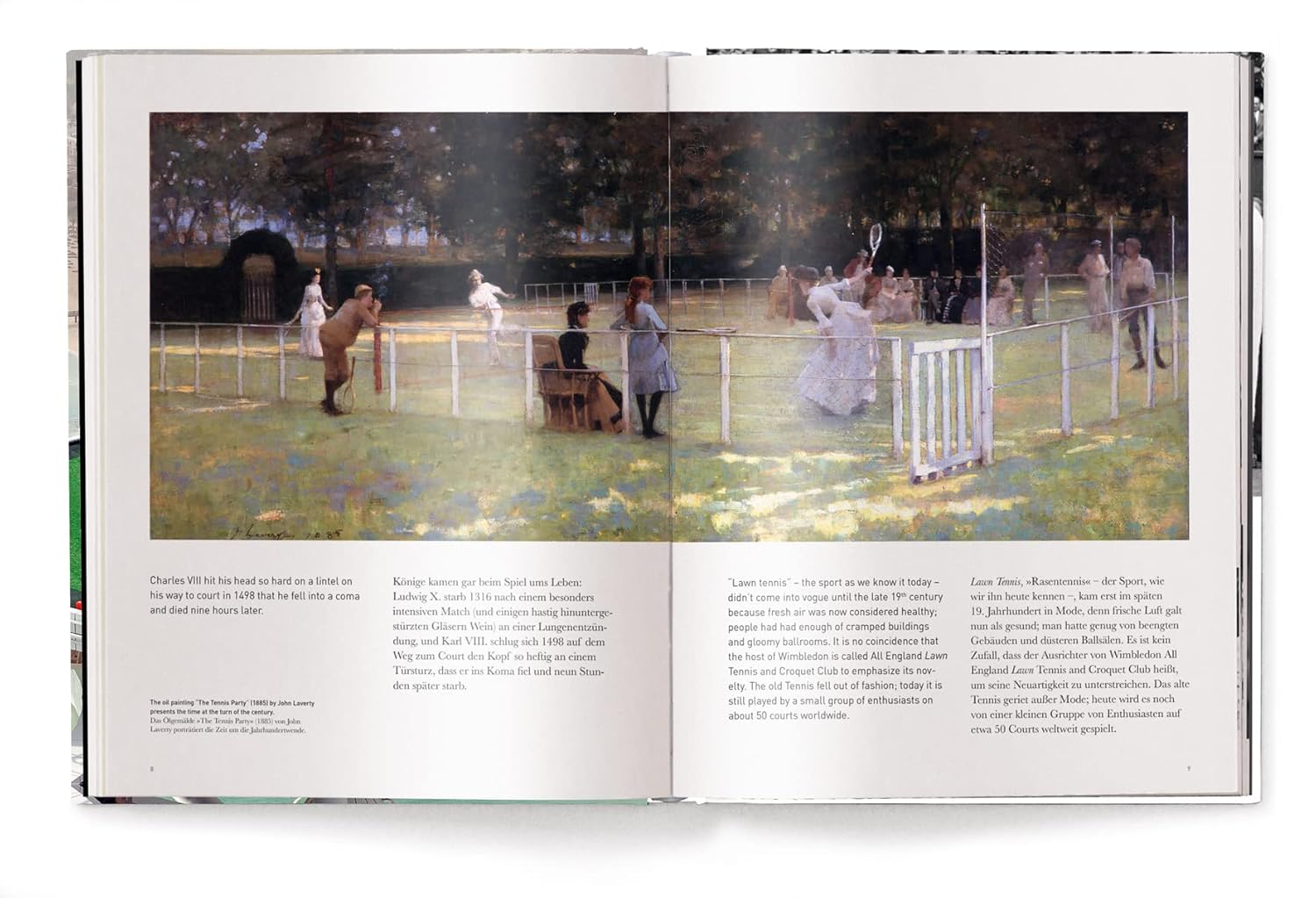 An open copy of "Tennis The Ultimate Book" by Random House features a painting of lawn tennis players in white, playing outdoors among trees and spectators, with editable text blocks visible on both pages.