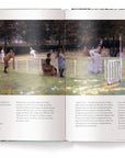 An open copy of "Tennis The Ultimate Book" by Random House features a painting of lawn tennis players in white, playing outdoors among trees and spectators, with editable text blocks visible on both pages.