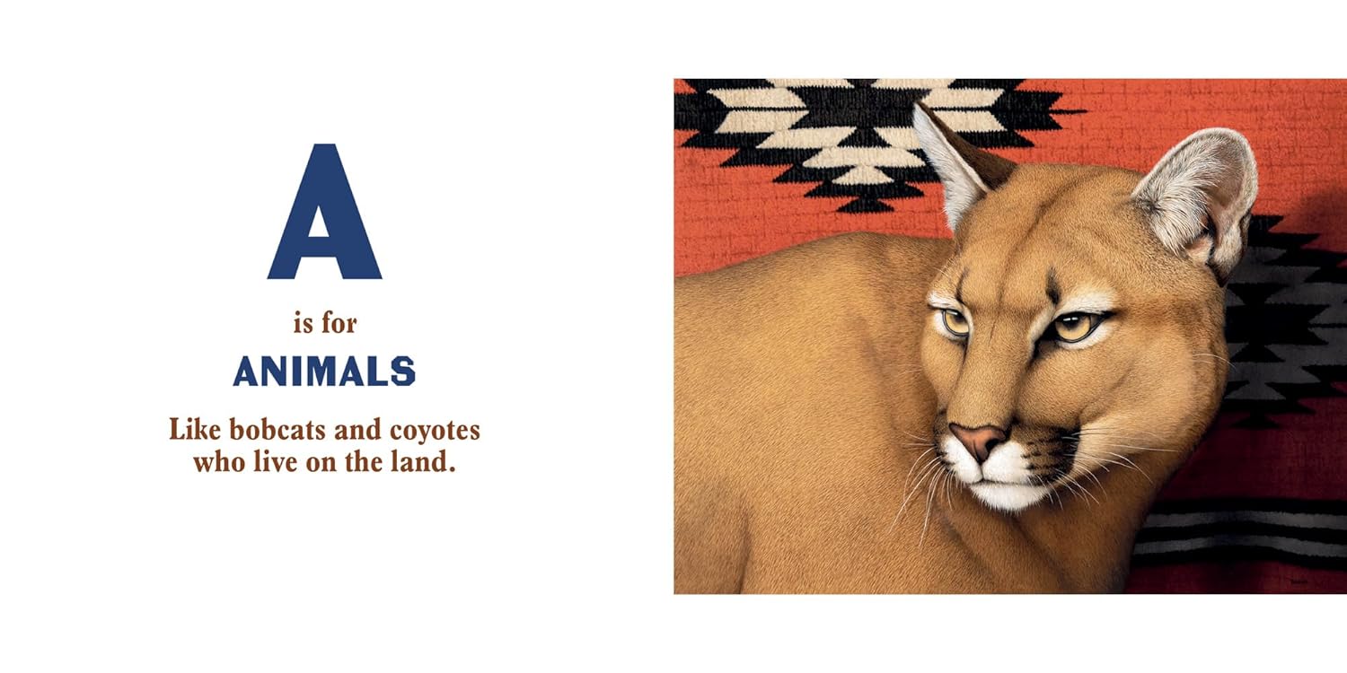 In Random House's "Southwest ABC," the letter A is for ANIMALS, shown with a cougar on a red and black background. Text: "Like bobcats and coyotes who live on the land.