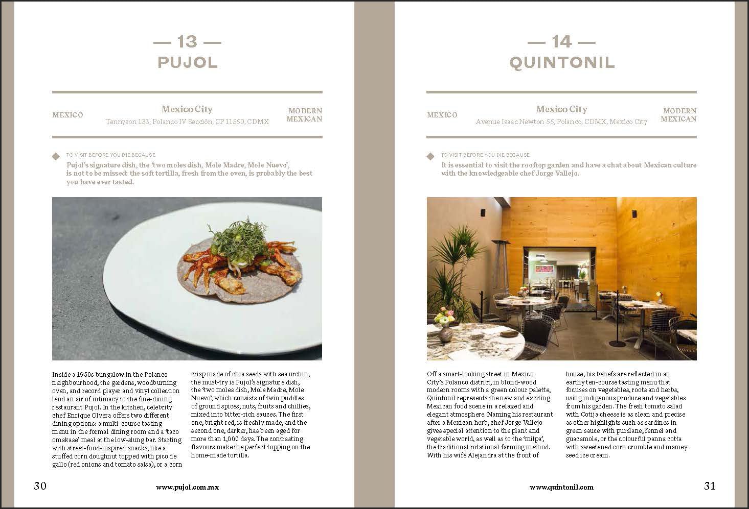 A magazine spread from Simon & Schuster Inc.’s "150 Restaurants" features Mexico City’s Pujol and Quintonil, with a gourmet dish on the left page and a stylish dining room with set tables and greenery on the right.