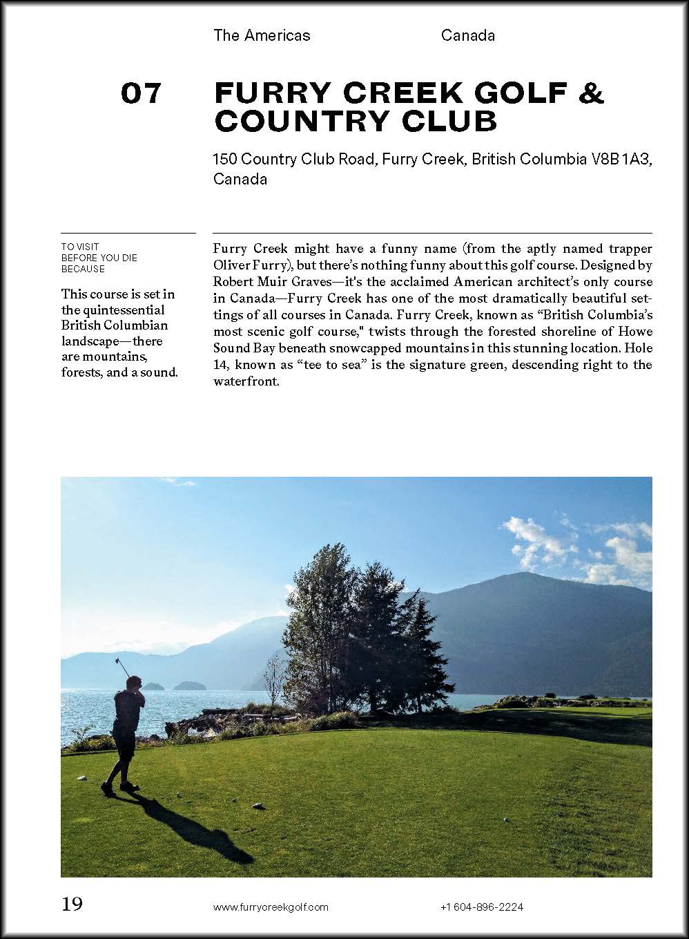 A golfer plays on the scenic Furry Creek Golf & Country Club, featured in "150 Golf Courses You Need to Play" by Simon & Schuster Inc., surrounded by mountains, trees, and blue skies overlooking beautiful waters.
