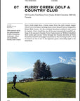 A golfer plays on the scenic Furry Creek Golf & Country Club, featured in "150 Golf Courses You Need to Play" by Simon & Schuster Inc., surrounded by mountains, trees, and blue skies overlooking beautiful waters.
